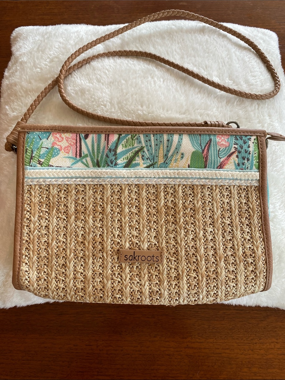 Sakroots Natural Tan Woven Crossbody with Multicolor Floral Trim